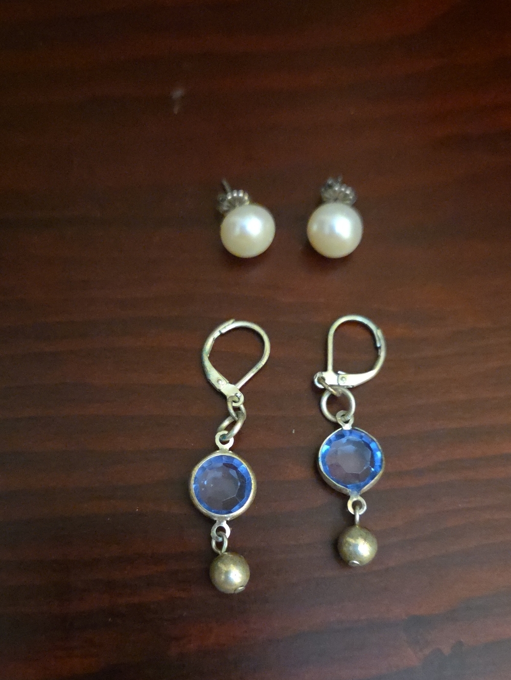 Classic Pearl Stud & Blue Crystal Drop Earring Set